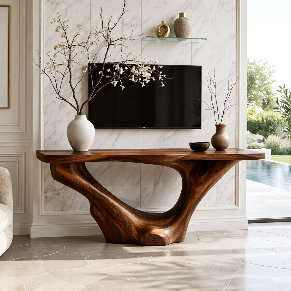 Solid Wood Console Table with Sculpted Curved Base, Modern Minimalist Design