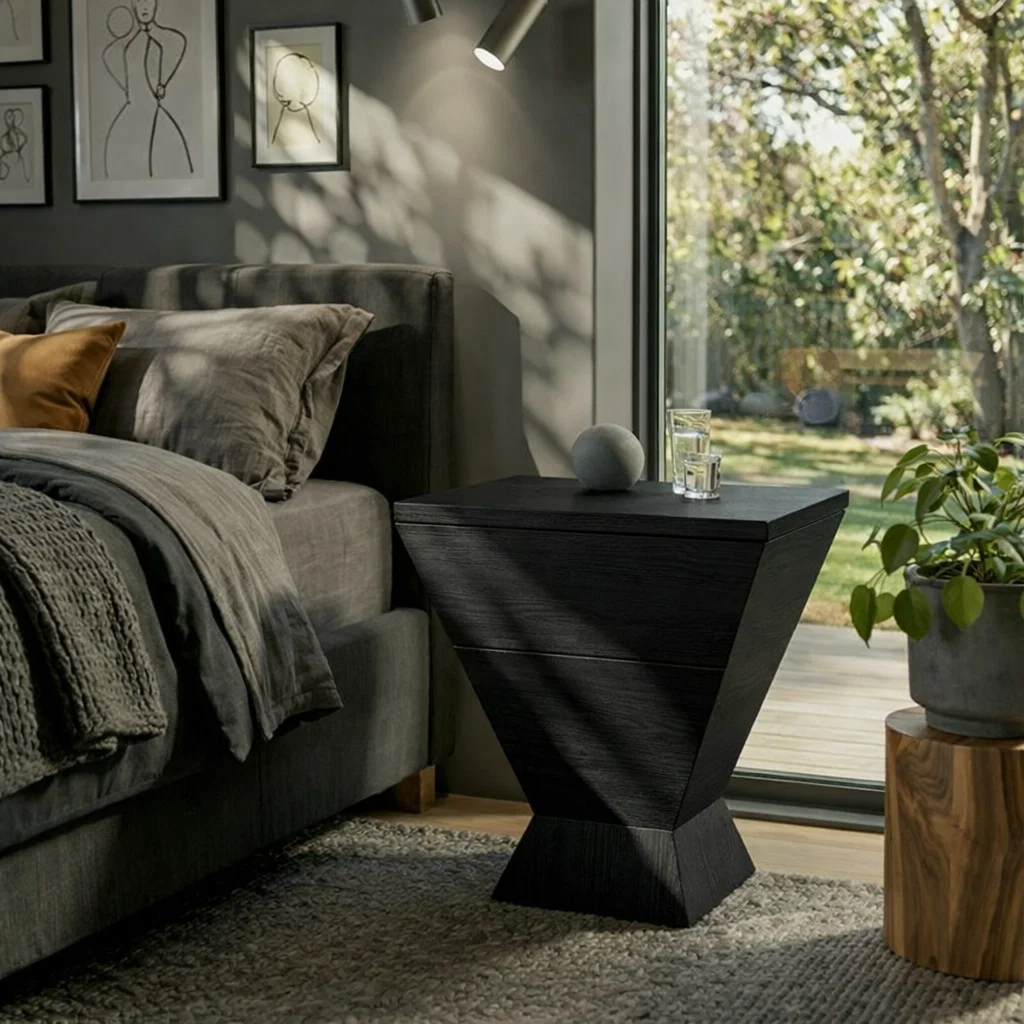 Modern Geometric Solid Wood Nightstand with Drawer – Minimalist Bedside Table