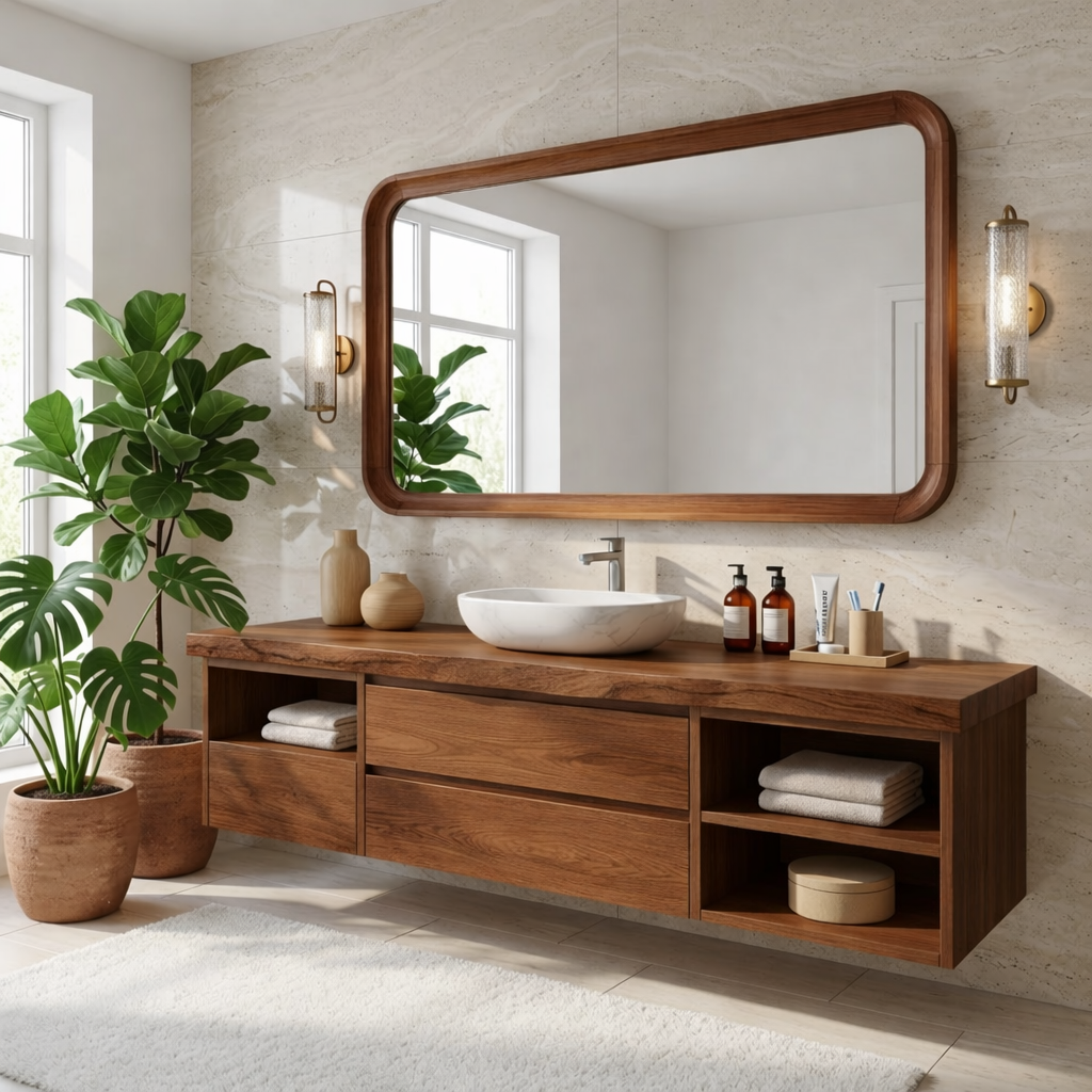 Elegant Floating Vanity with Natural Wood Finish, Wall-Mounted Modern Bathroom Storage