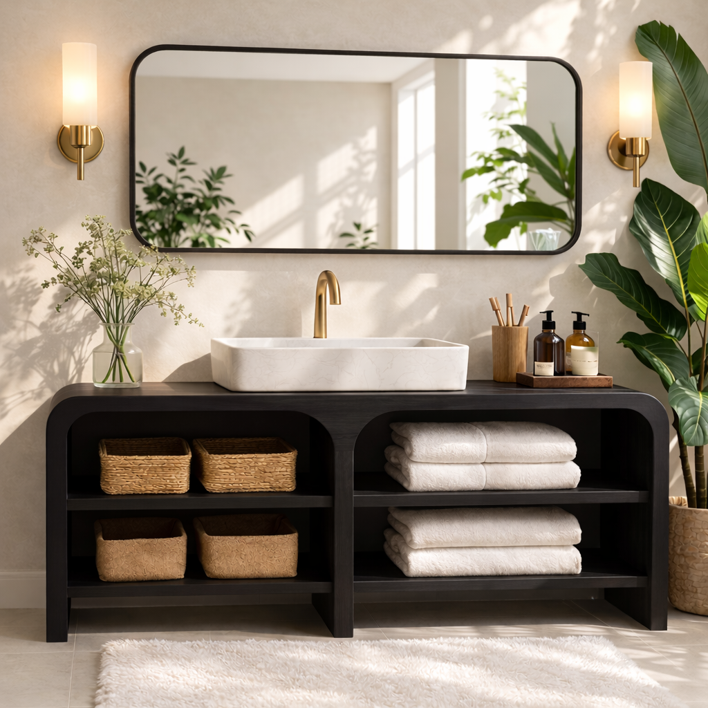 Modern Wooden Bathroom Vanity with Open Shelving