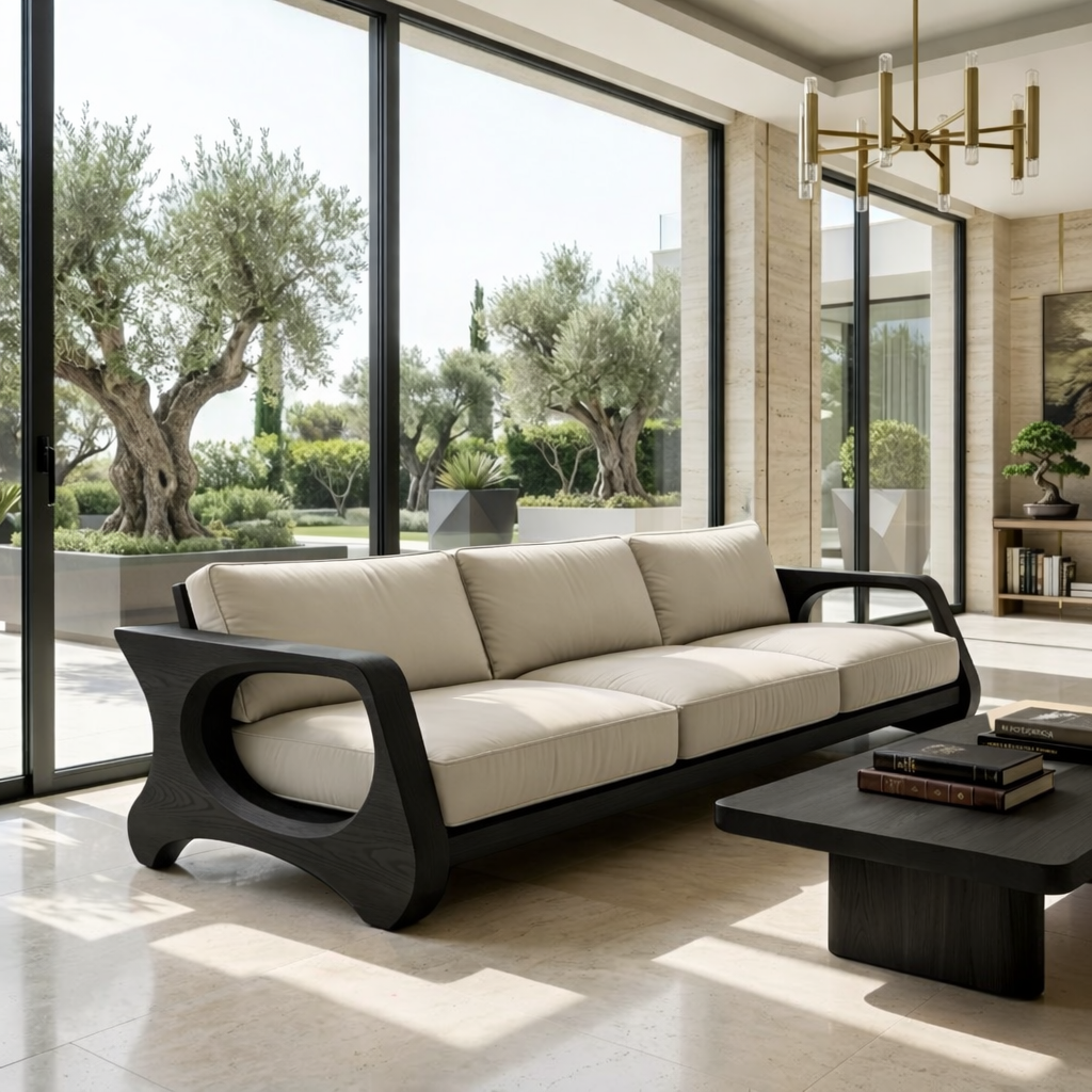 Modern Sculptural Solid Wood Sofa with Beige Cushions Organic Curved Couch
