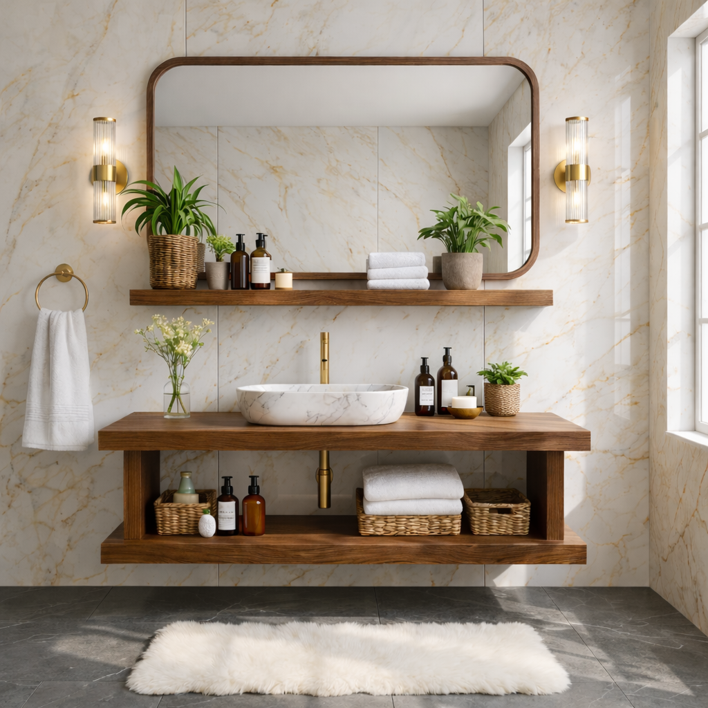 Floating Bathroom Vanity with Natural Wood Shelf Storage and Modern Wall Mounted Design