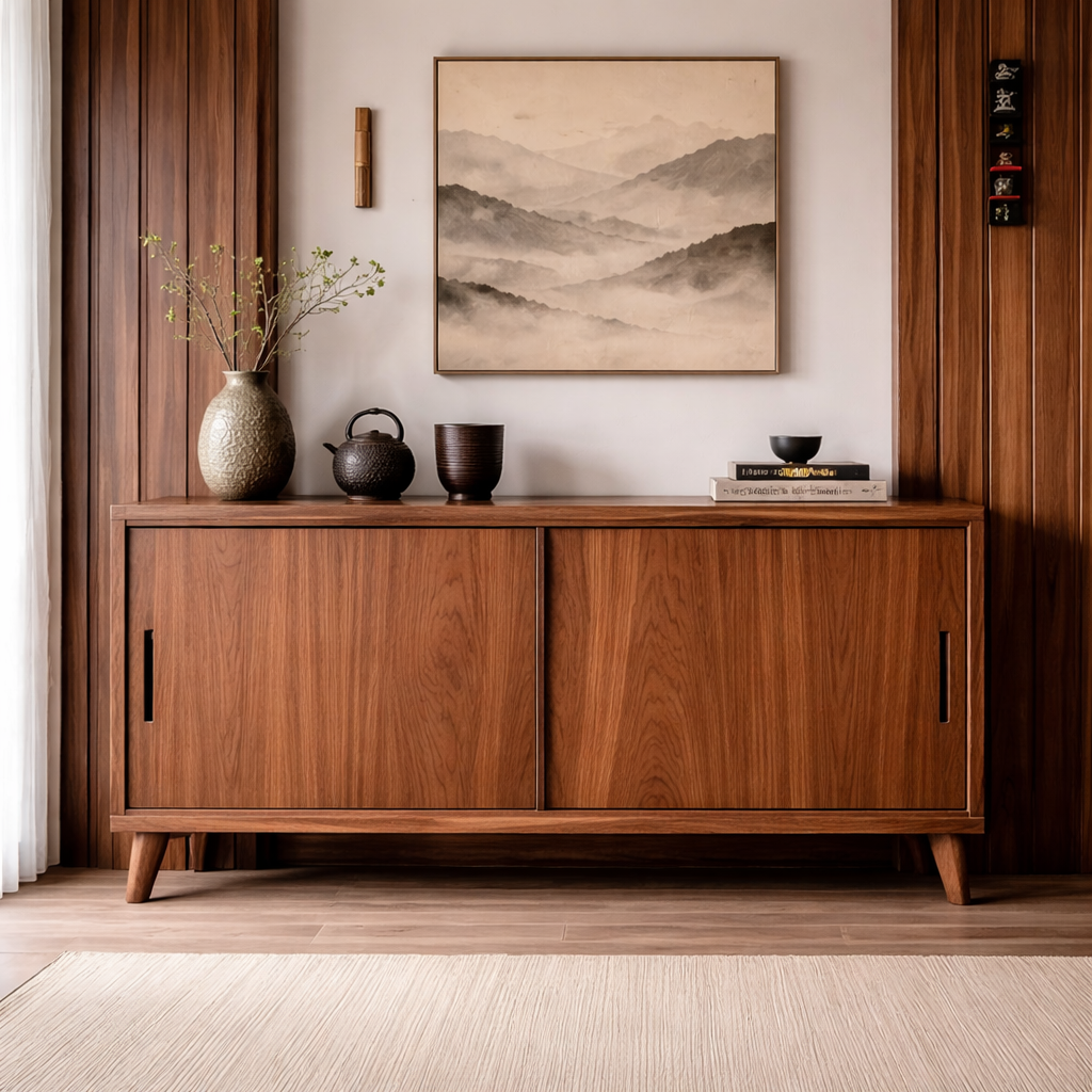 Solid Wood Console Cabinet with Sliding Doors – Modern Minimalist Storage Sideboard