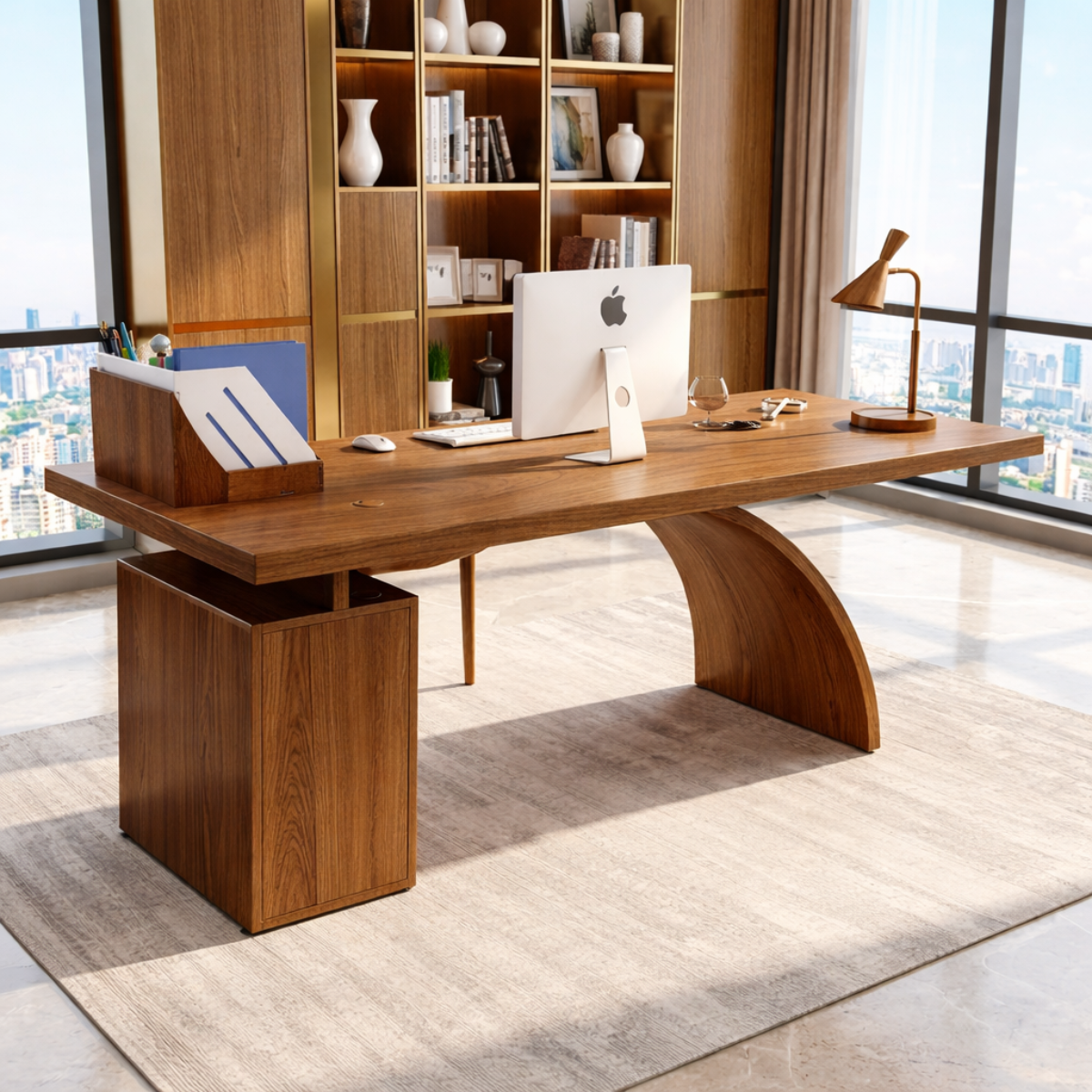 Modern Executive Desk with Curved Base, Large Minimalist Home Office Writing Table