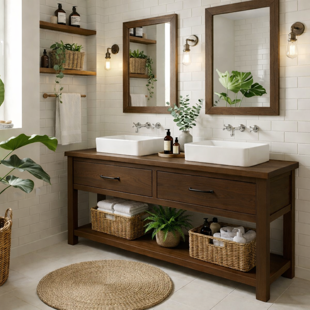 Modern Farmhouse Bathroom Vanity Cabinet Double Sink Base Wood Bathroom Console Storage