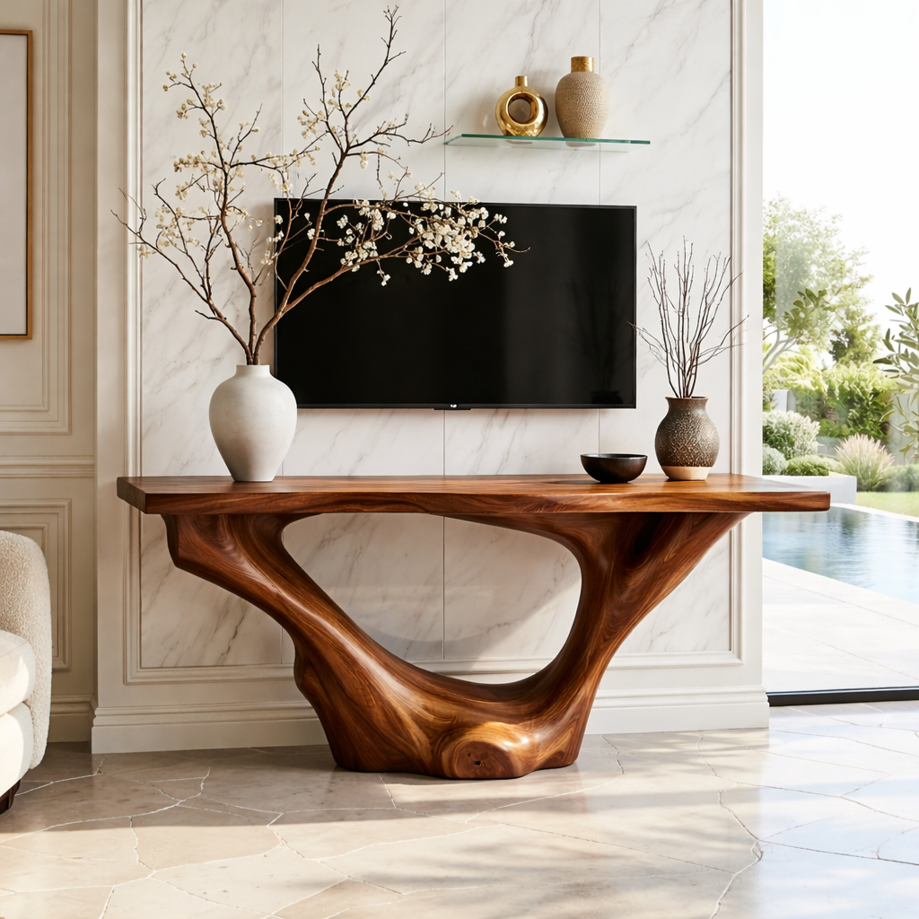Solid Wood Console Table with Sculpted Curved Base, Modern Minimalist Design