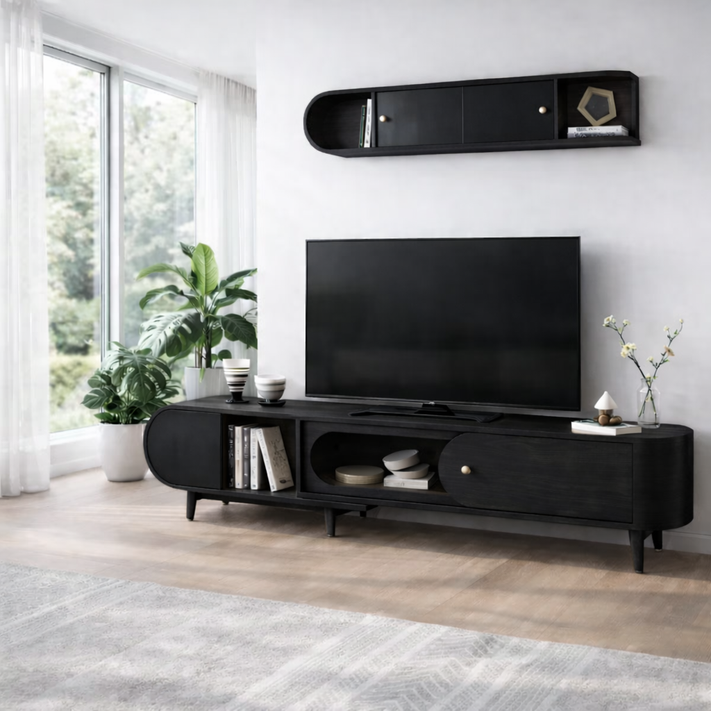Mid Century Solid Wood TV Console with Cabinets & Open Shelf Storage