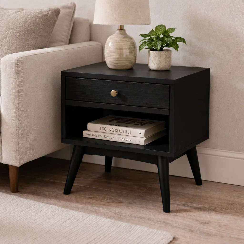 Solid Wood End Table with Drawer and Shelf – Mid Century Modern Bedside Table