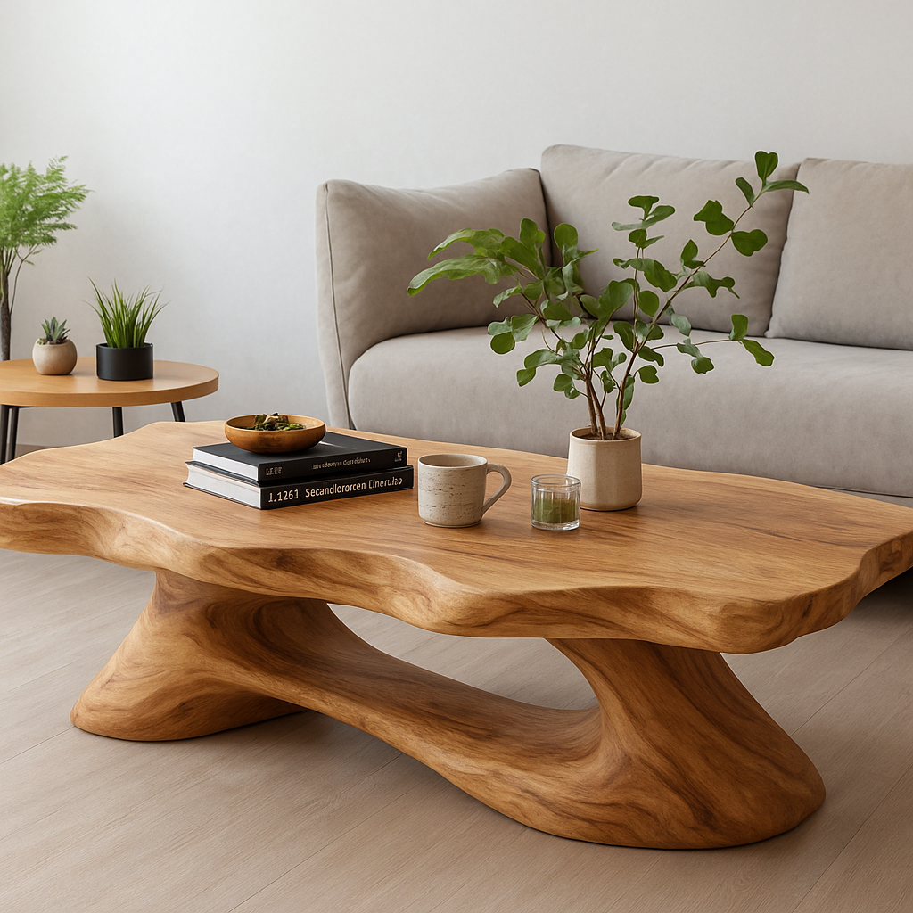 Solid Wood Coffee Table Modern Live Edge Natural Wood with Sculptural Base