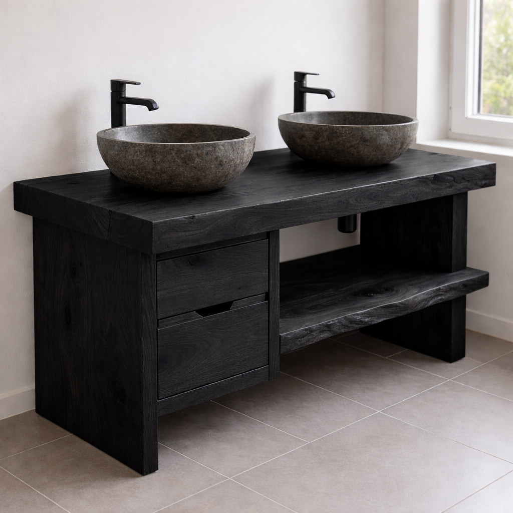 Solid Wood Double Sink Bathroom Vanity with Drawers and Open Shelf Rustic Style
