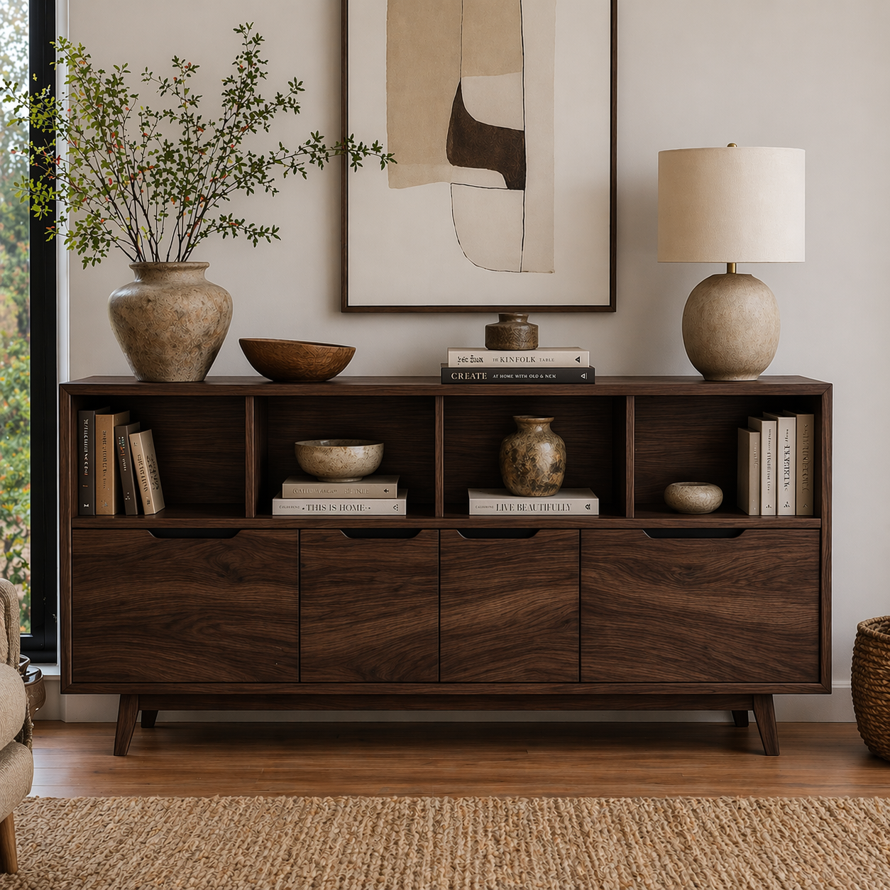 Mid Century Solid Wood Sideboard Cabinet with Drawers & Open Shelf Storage