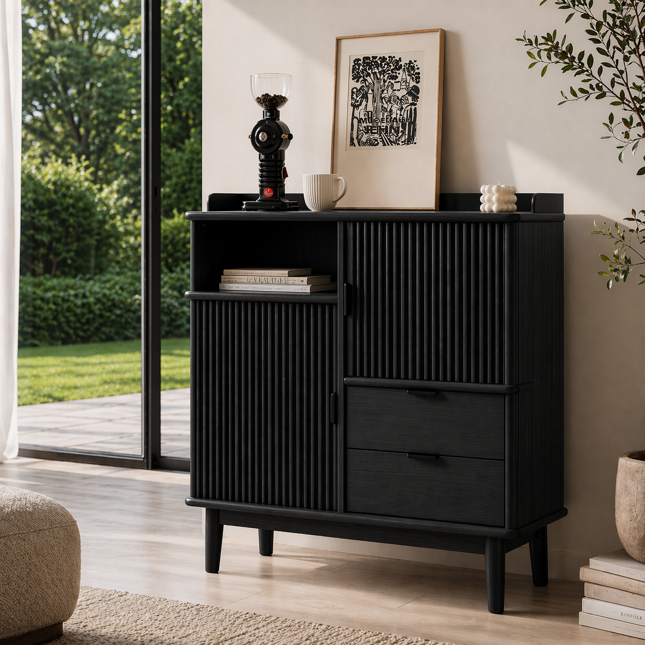 Solid Wood Console Sideboard with Fluted Doors – Mid Century Modern Storage Cabinet