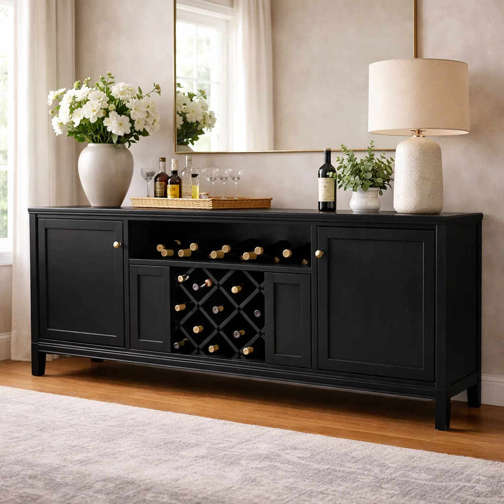 Solid Wood Console Cabinet with Wine Rack and Storage Doors