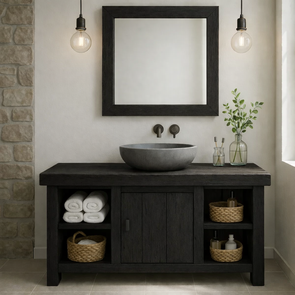 Rustic Wooden Bathroom Vanity with Vessel Sink and Storage Compartments