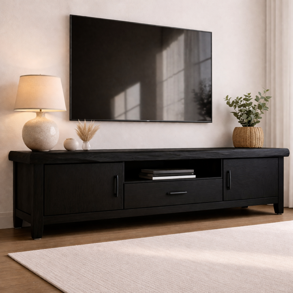 Solid Wood TV Console with Live Edge Top and Storage Cabinets