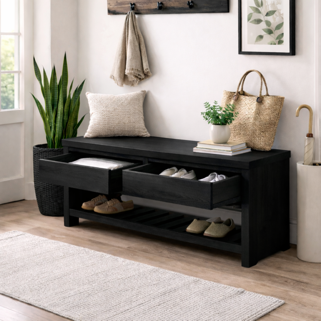 Wood Entryway Bench with Storage Drawers | Modern Hallway Seating & Shoe Rack