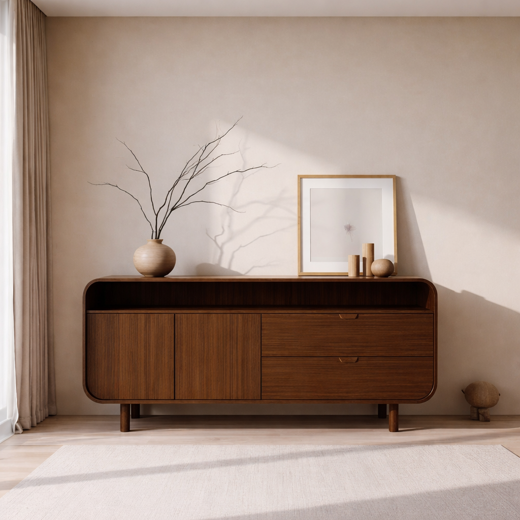Contemporary Solid Wood Console Cabinet with Sliding Doors – Modern Storage Unit