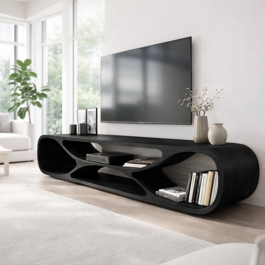 Solid Wood Media Console with Sculptural Curved Design, Modern TV Stand