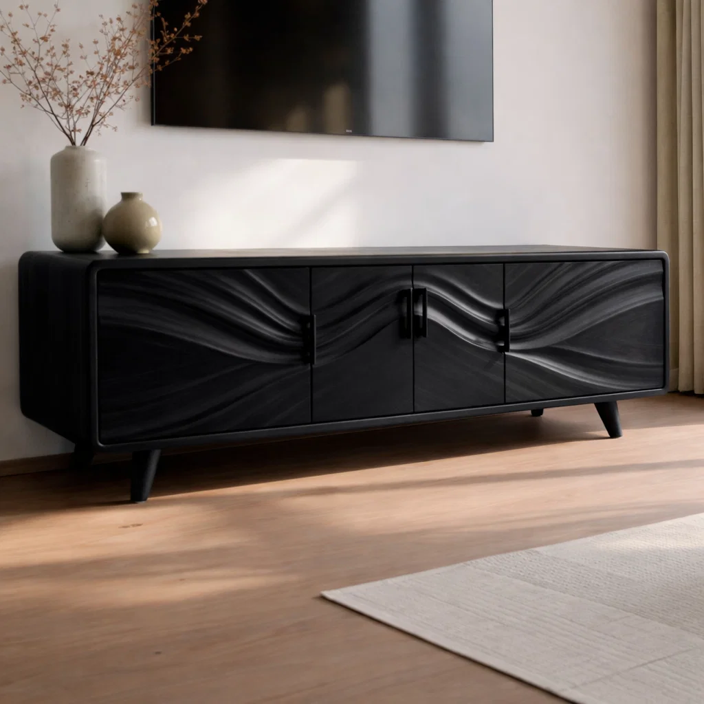 Solid Wood Wave Front TV Cabinet with Doors – Modern Low Media Console Storage