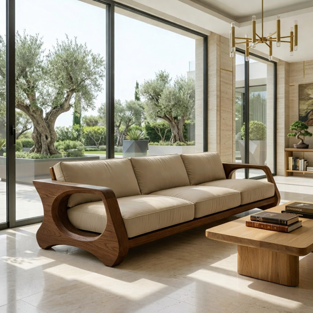 Modern Sculptural Solid Wood Sofa with Beige Cushions Organic Curved Couch