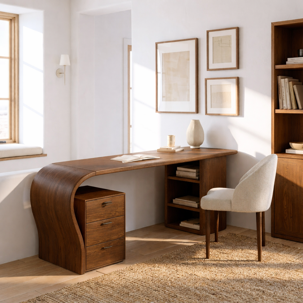 Modern Curved Writing Desk with Drawers and Shelf Home Office Work Table Design