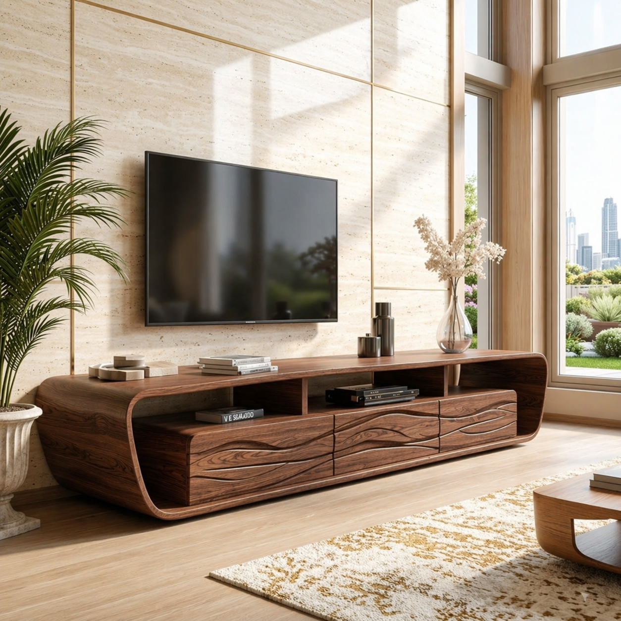 Modern Wave Front TV Console, Sculptural Entertainment Stand for Luxury Interiors