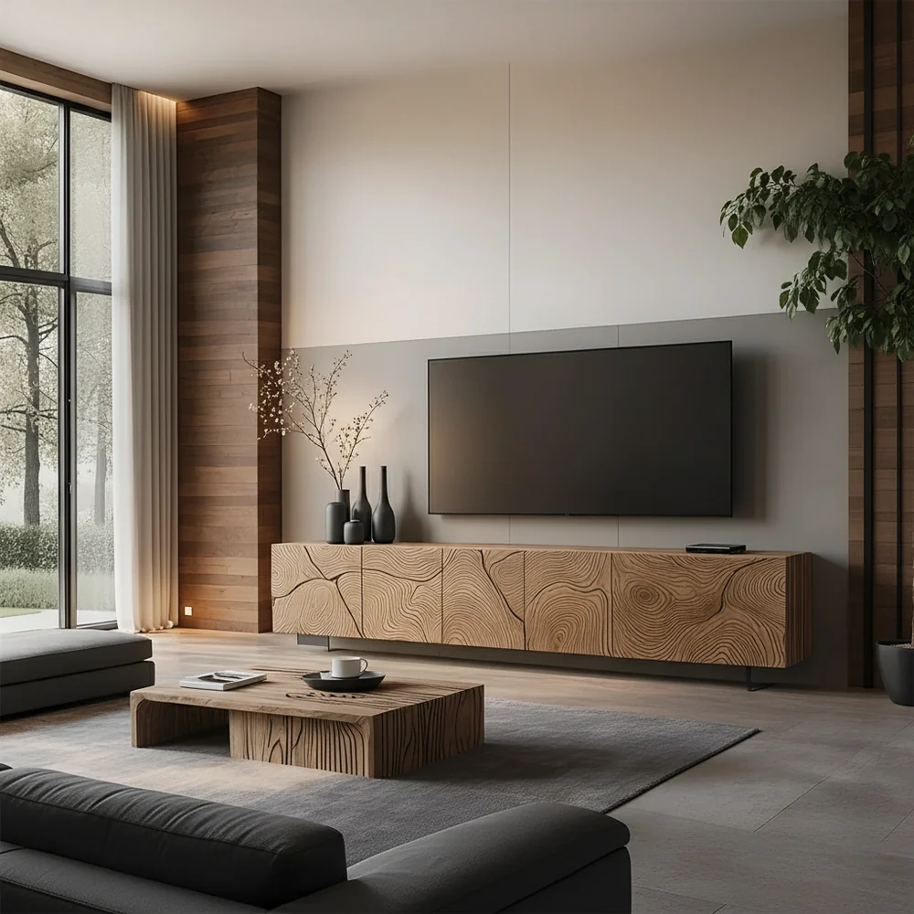 Solid Wood Floating TV Stand Modern Wall Mounted Media Console with Carved Design