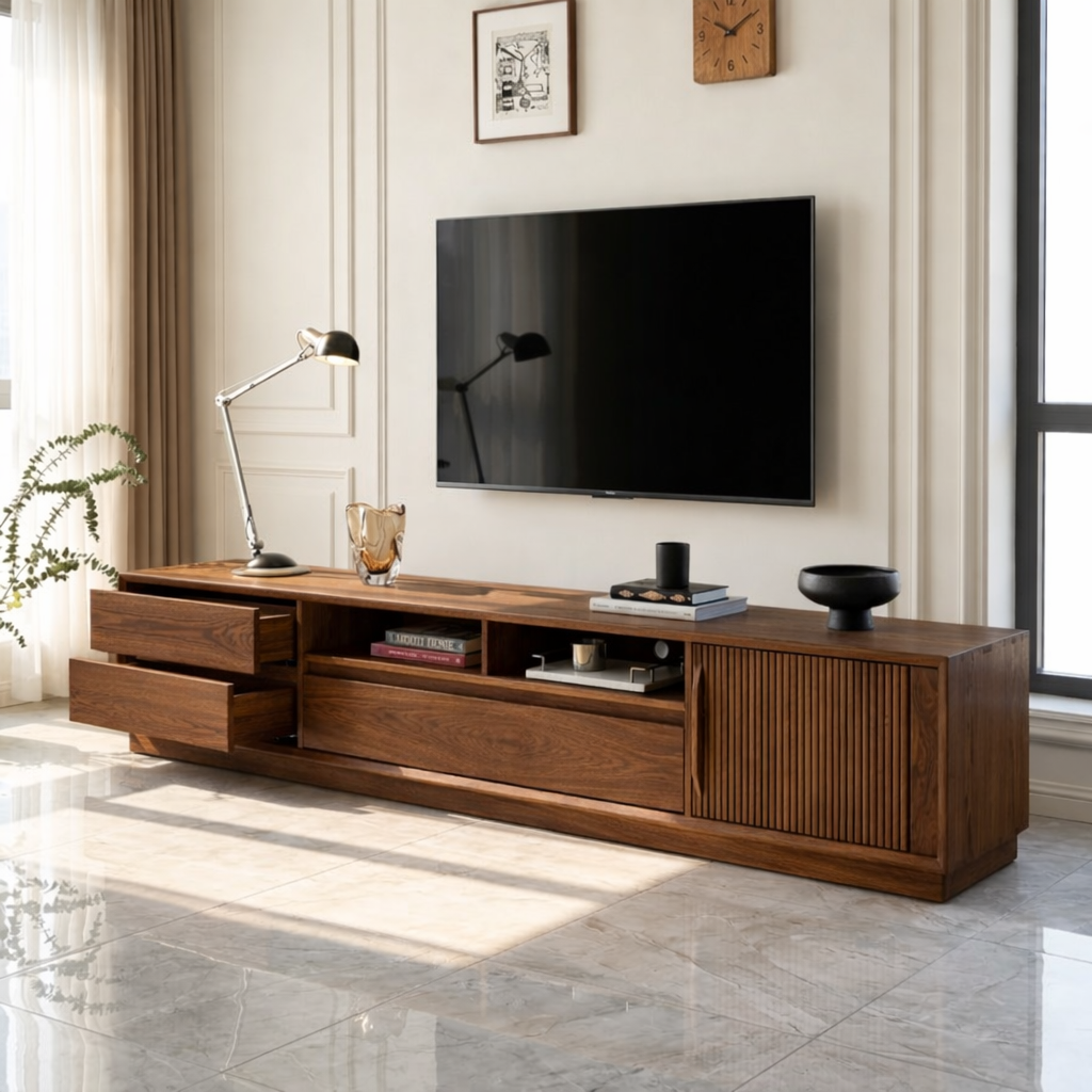 Solid Wood TV Stand with Drawers and Slatted Door, Modern Media Console