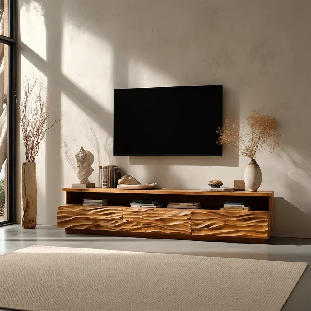 Solid Wood TV Stand Modern Oak Media Console with Carved Wave Doors and Storage