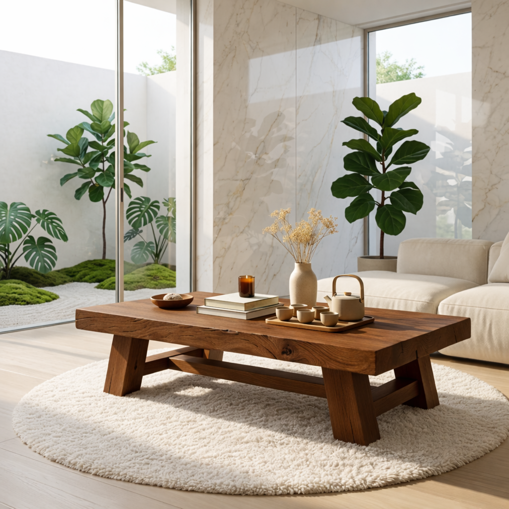 Handcrafted Solid Wood Coffee Table, Rustic Style with Geometric Legs