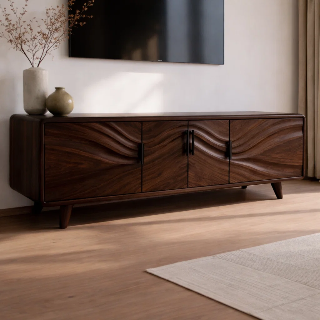 Solid Wood Wave Front TV Cabinet with Doors – Modern Low Media Console Storage