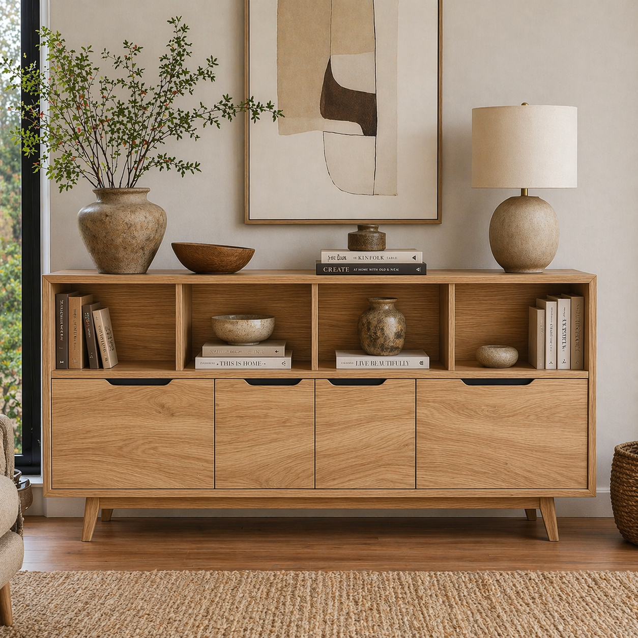 Mid Century Solid Wood Sideboard Cabinet with Drawers & Open Shelf Storage
