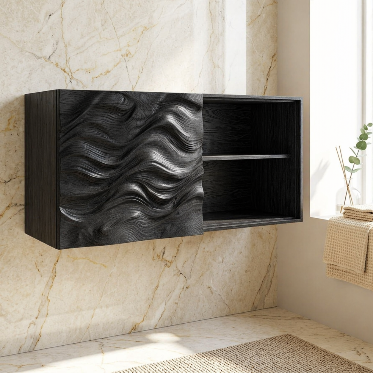 Floating Bathroom Cabinet, Modern Wavy Wall Mounted Vanity Storage Shelf Organizer