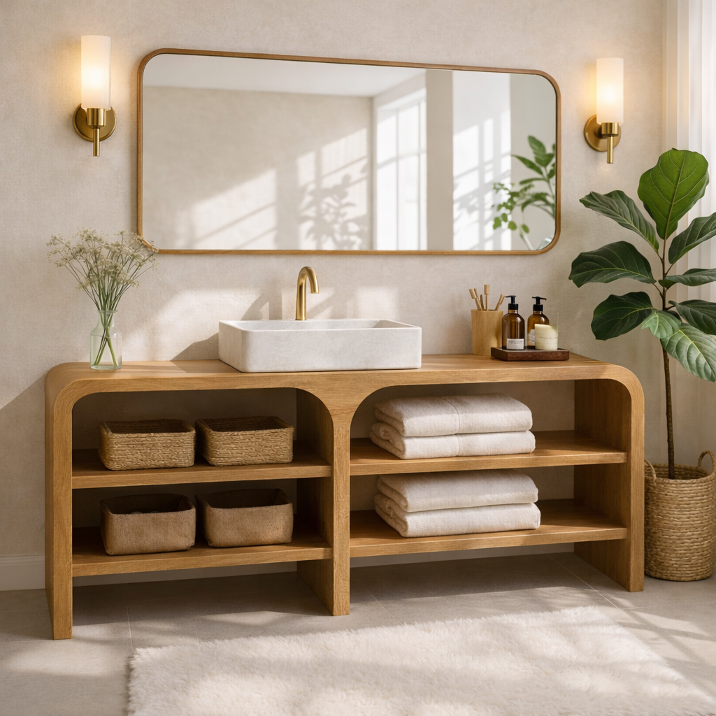 Modern Wooden Bathroom Vanity with Open Shelving