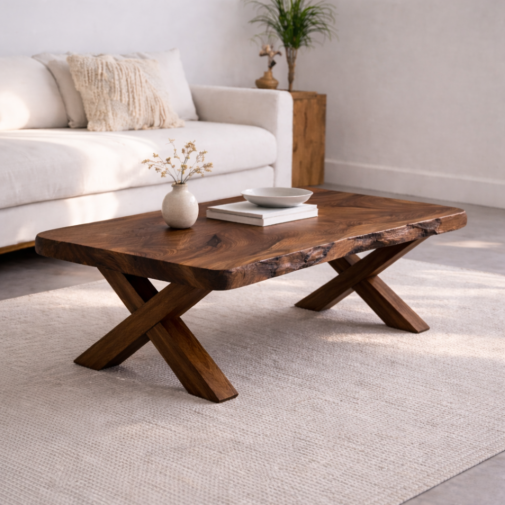 Live Edge Solid Wood Coffee Table with X-Frame Legs – Rustic Modern Living Room Table