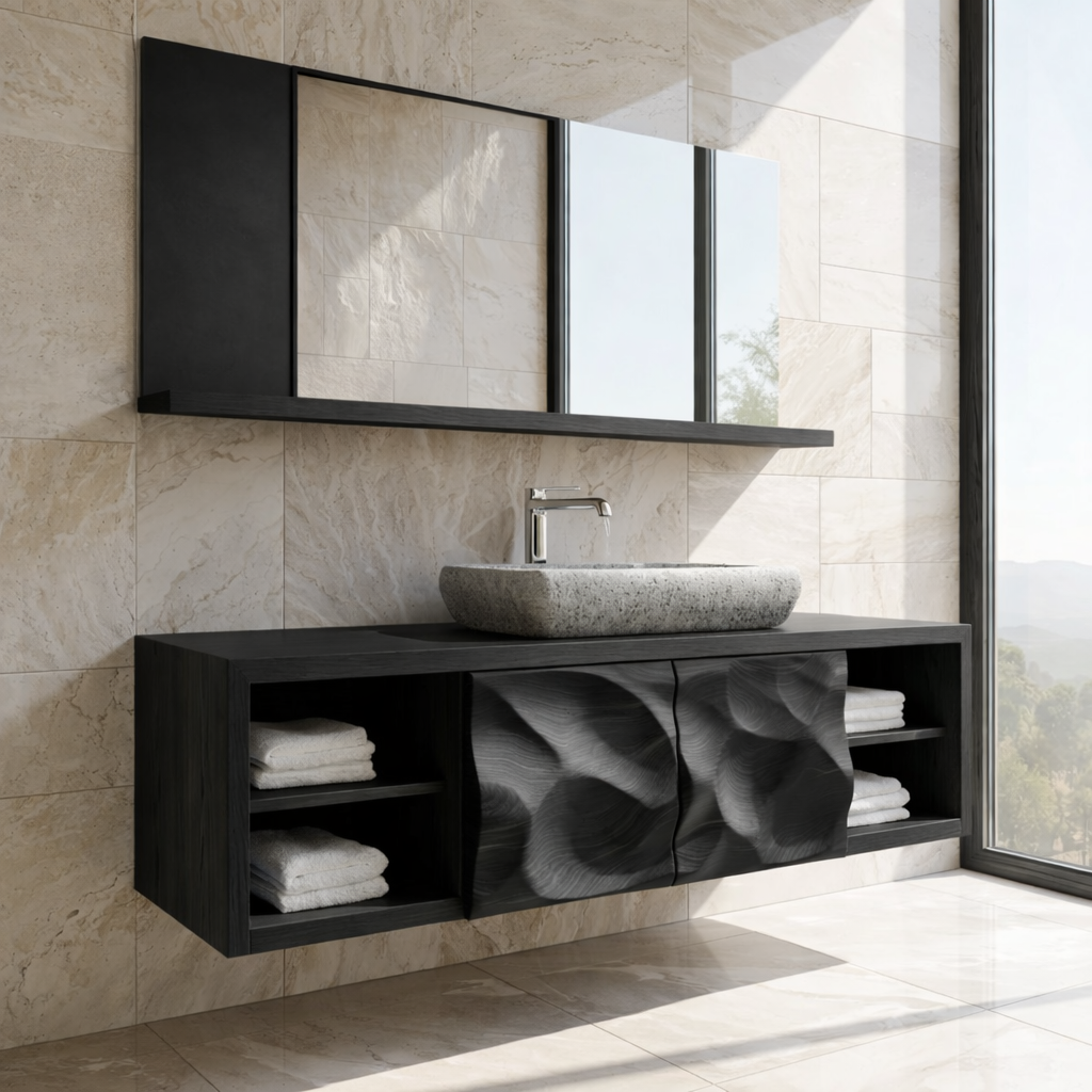 Modern Solid Wood Bathroom Vanity with Floating Storage and Sculpted Cabinet Doors