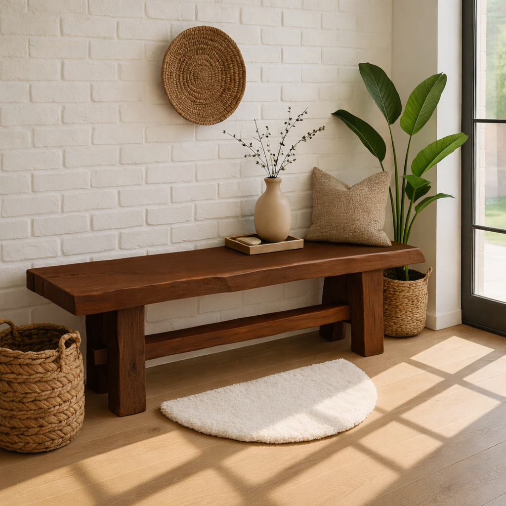 Live Edge Solid Wood Bench, Rustic Farmhouse Entryway Dining Seating