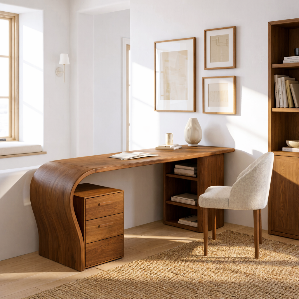 Modern Curved Writing Desk with Drawers and Shelf Home Office Work Table Design