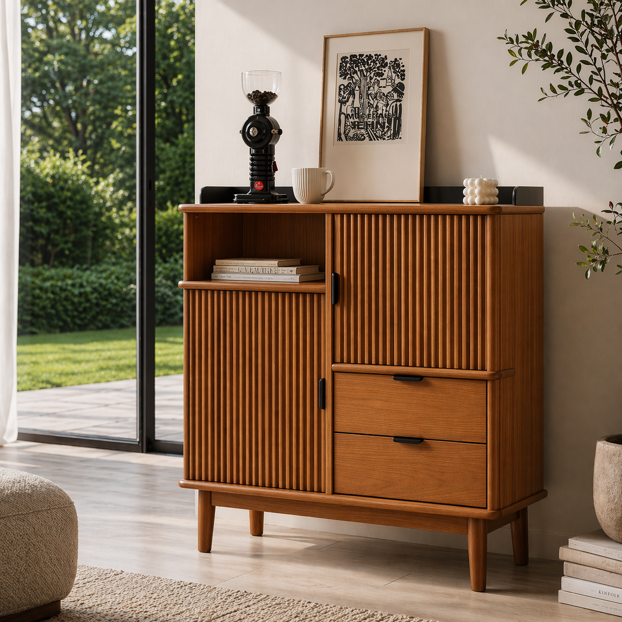Solid Wood Console Sideboard with Fluted Doors – Mid Century Modern Storage Cabinet