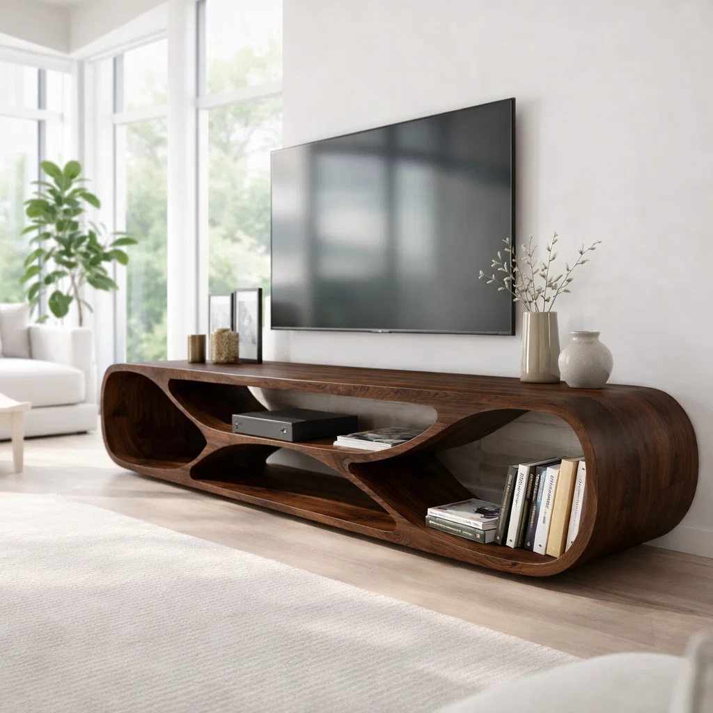 Solid Wood Media Console with Sculptural Curved Design, Modern TV Stand