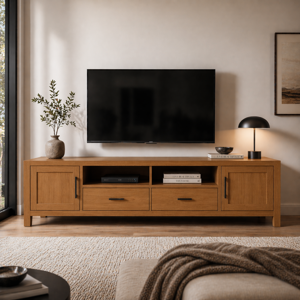 Solid Wood Media Console with Drawers, Modern TV Stand with Cabinets and Storage