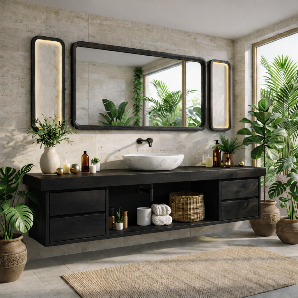 Modern Floating Walnut Vanity with Natural Wood Finish and Open Shelving, Stylish Bathroom Storage