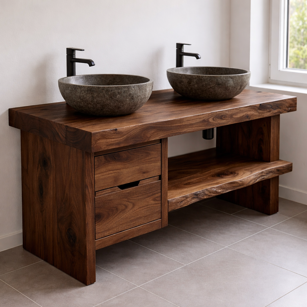 Solid Wood Double Sink Bathroom Vanity with Drawers and Open Shelf Rustic Style