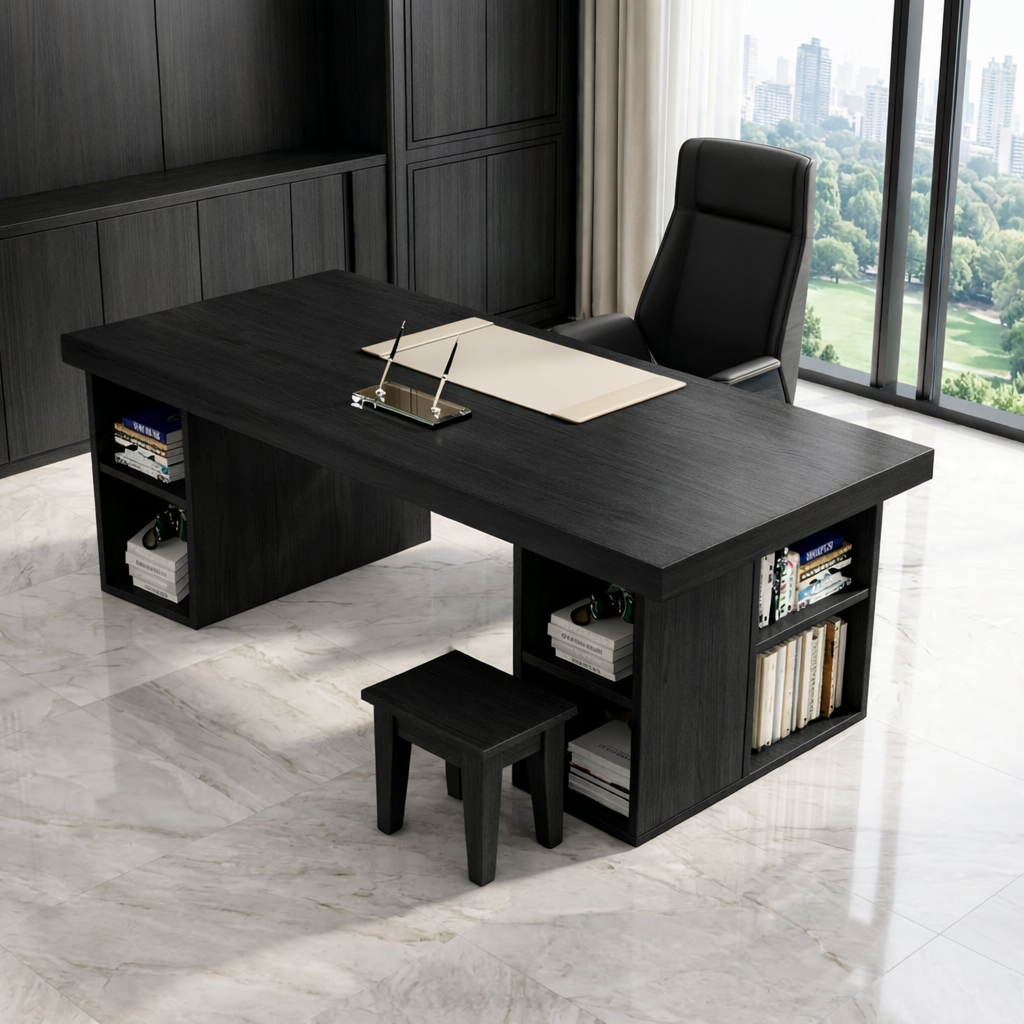 Large Executive Office Desk with Storage Shelves, Modern Writing Table for Home Office Study