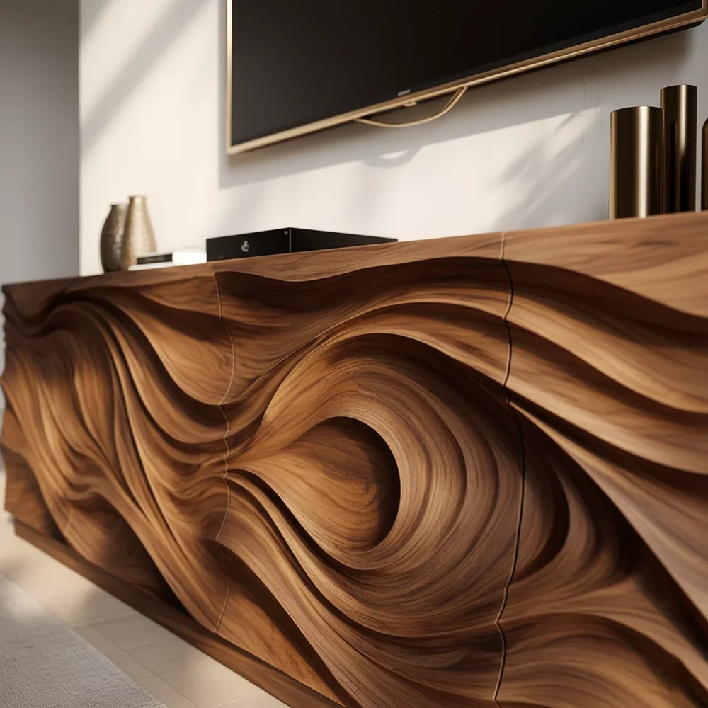 Solid Wood TV Stand Modern Media Console with Sculpted Wave Design