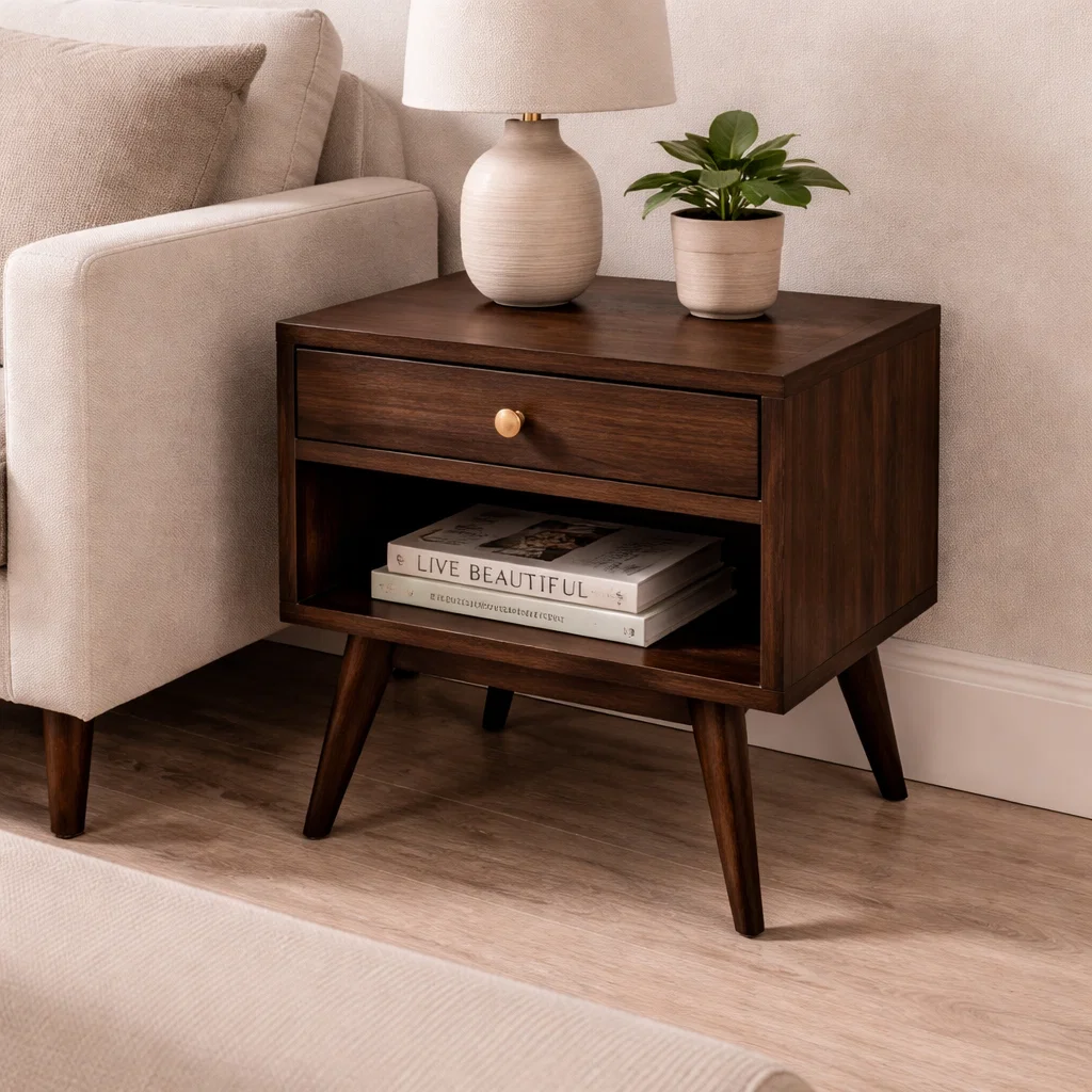 Solid Wood End Table with Drawer and Shelf – Mid Century Modern Bedside Table
