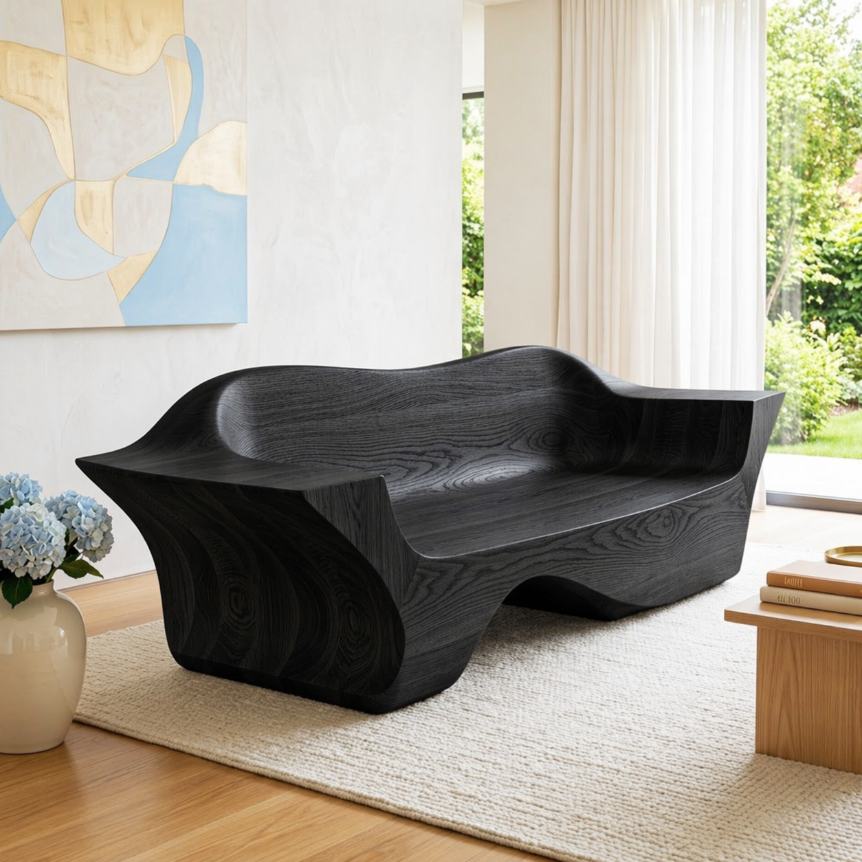 Modern Sculptural Curved Sofa Bench, Organic Statement Living Room Furniture Piece