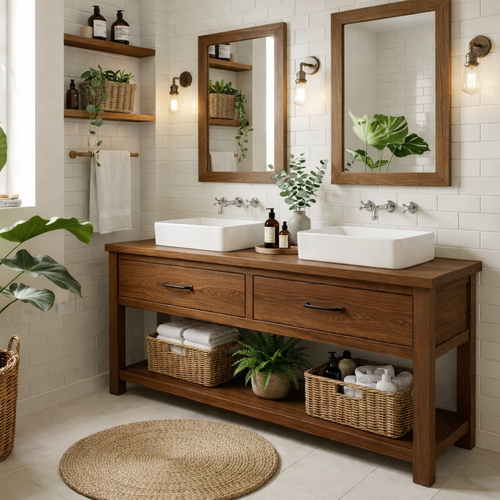 Modern Farmhouse Bathroom Vanity Cabinet Double Sink Base Wood Bathroom Console Storage