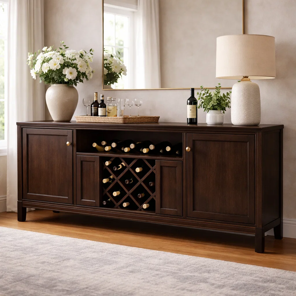 Solid Wood Console Cabinet with Wine Rack and Storage Doors