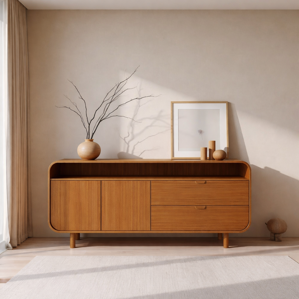 Contemporary Solid Wood Console Cabinet with Sliding Doors – Modern Storage Unit